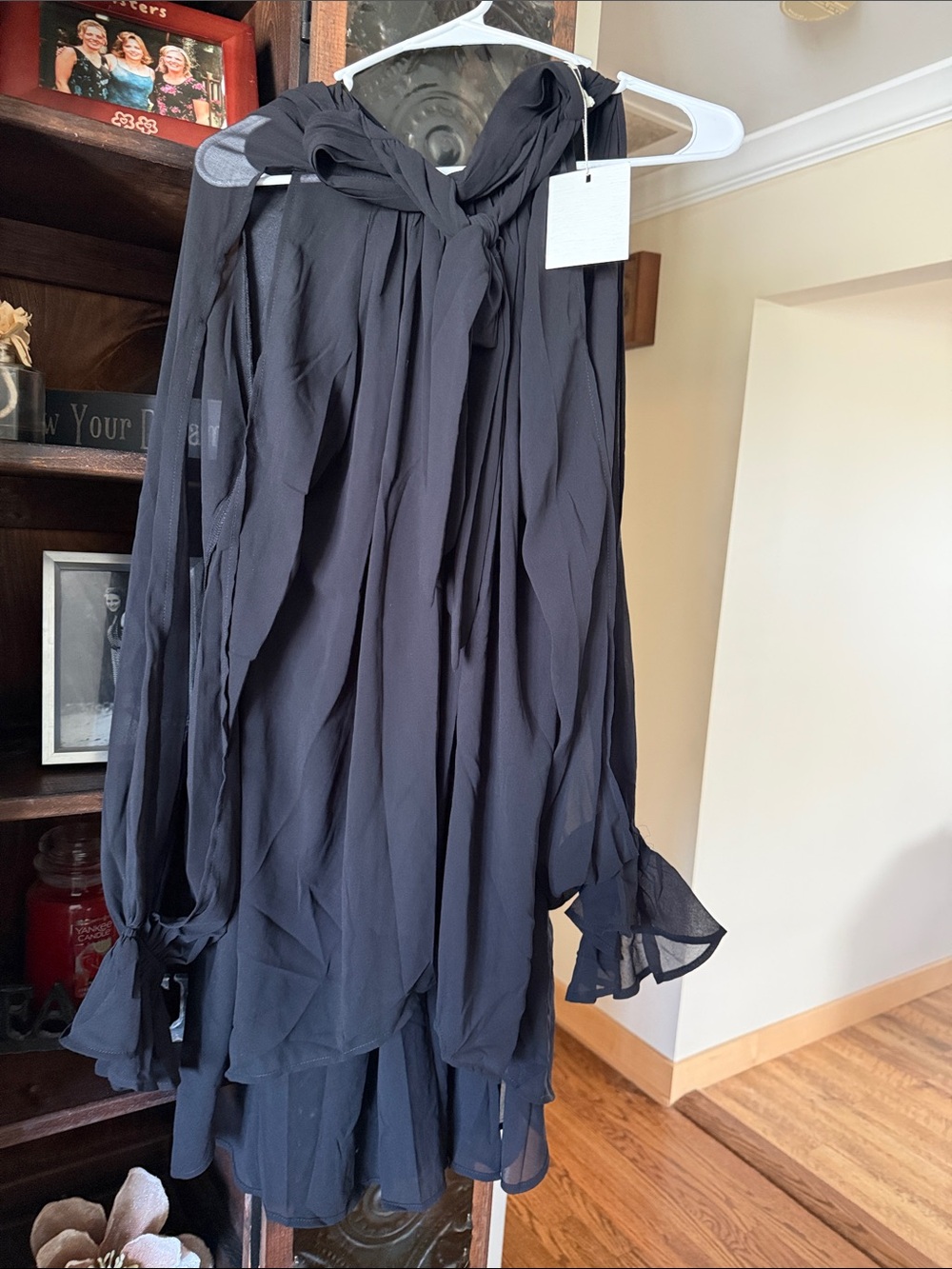 Chiffon A-Line Black Tie-Neck Blouse